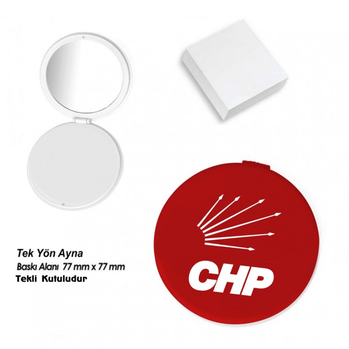CHP Logolu Yuvarlak Cep Aynası 8 cm Tekli Kutulu Tek Yön UV Baskılı Promosyon Model